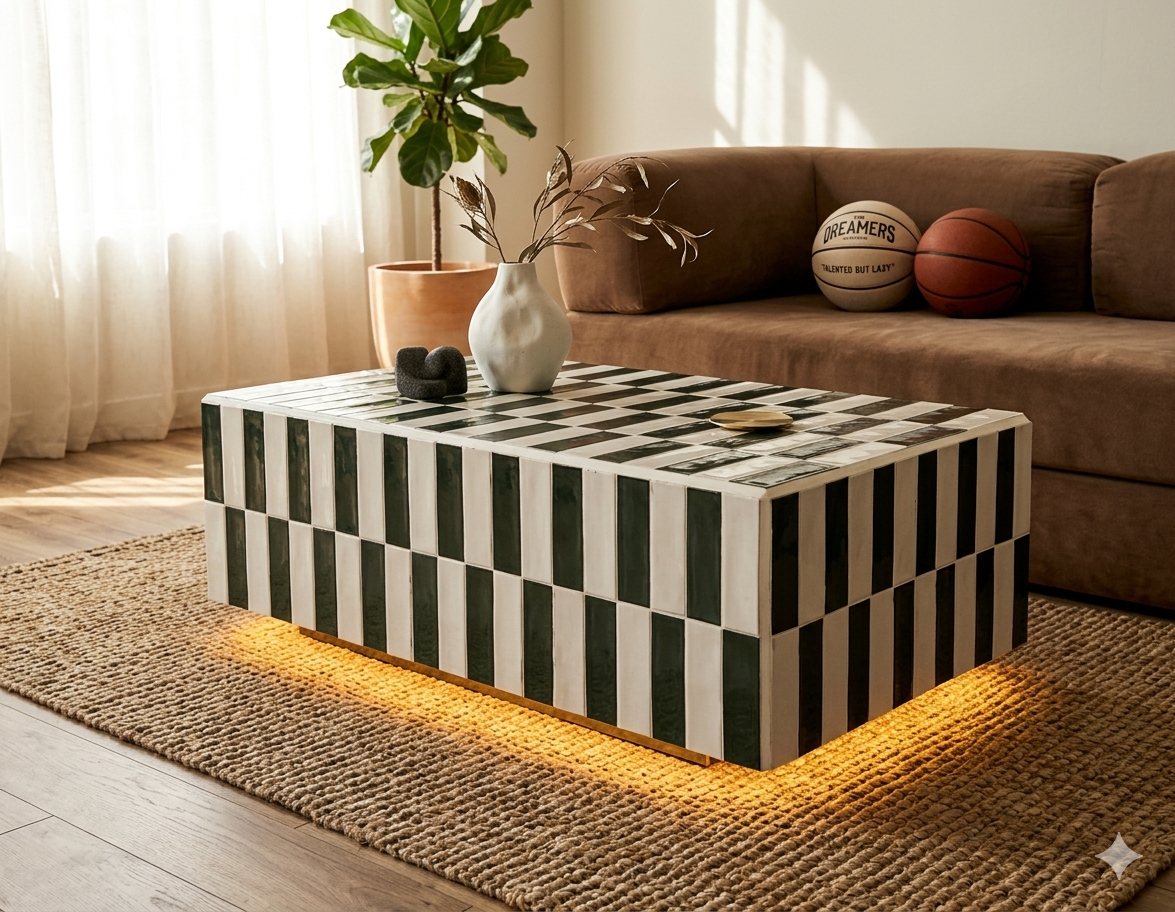 Mesa Damero en sala con luz natural